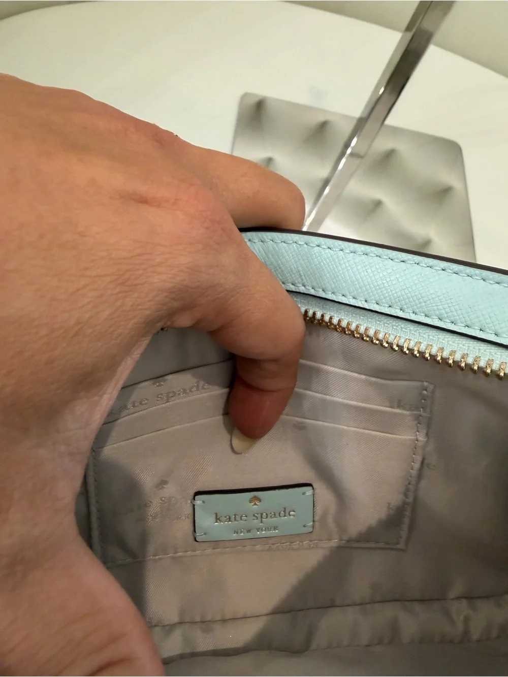kate spade light blue leather shoulder bag with gold chain
